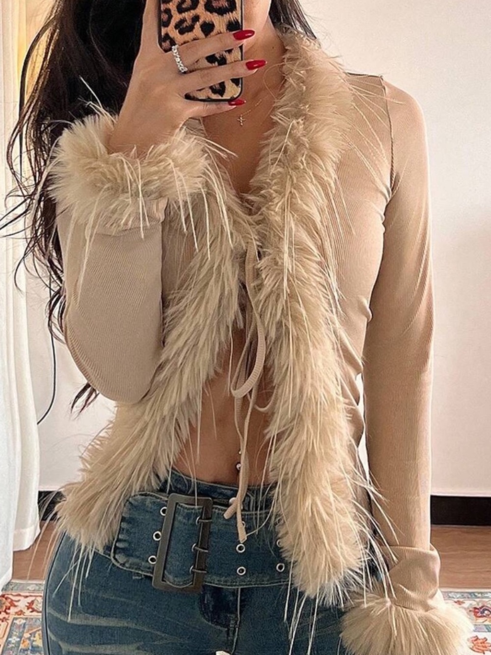 Y2K Faux Fur Tie Front Top – Size L – New Without Tags